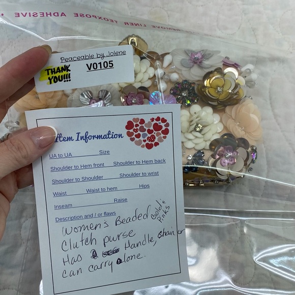 Floral Beaded Embellished Cream and Pink Clutch with Gold handle and chain. - Picture 16 of 16